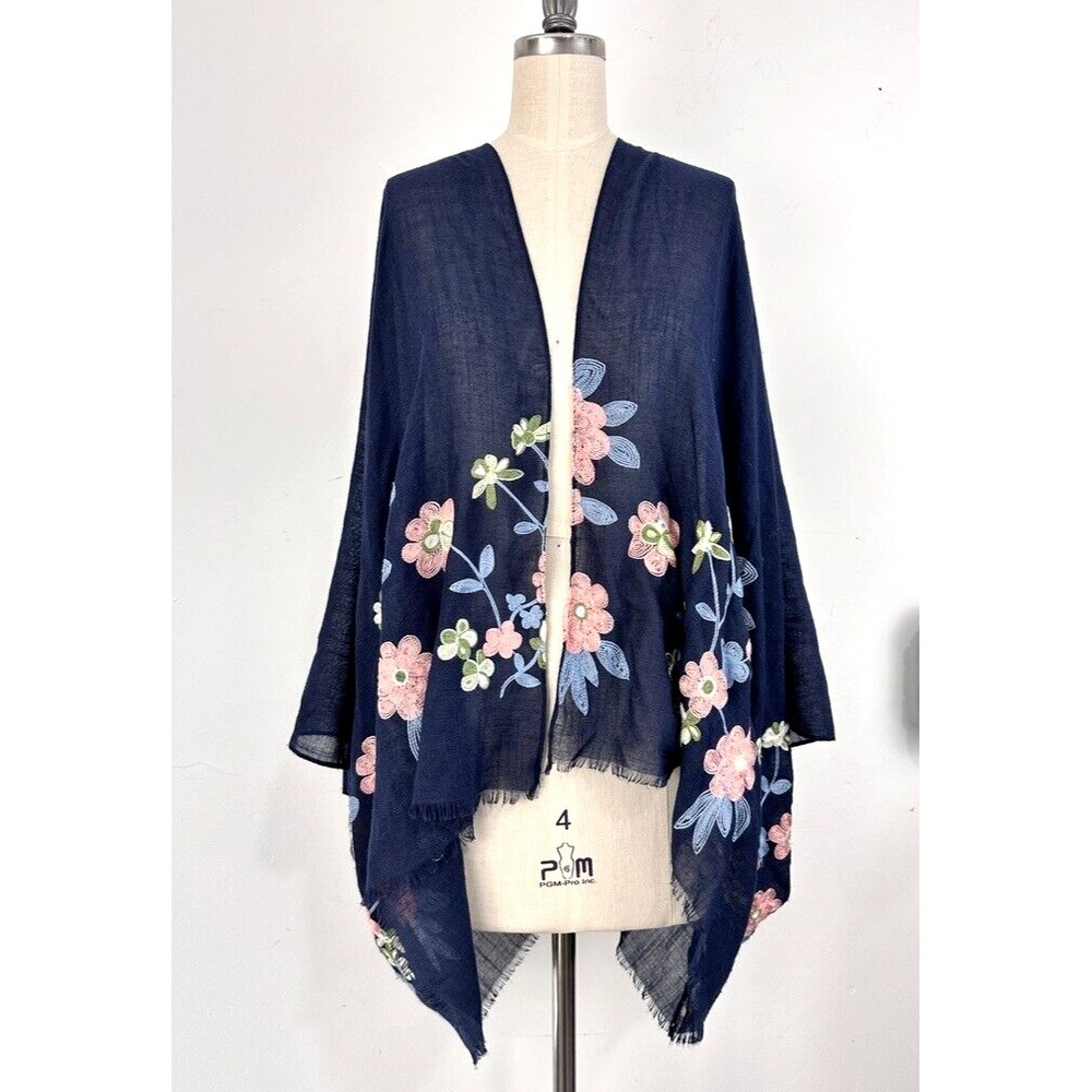 Pool To Party By Subtle Luxury Kimono O/S Blue Floral Embroidered Arm Holes Boho